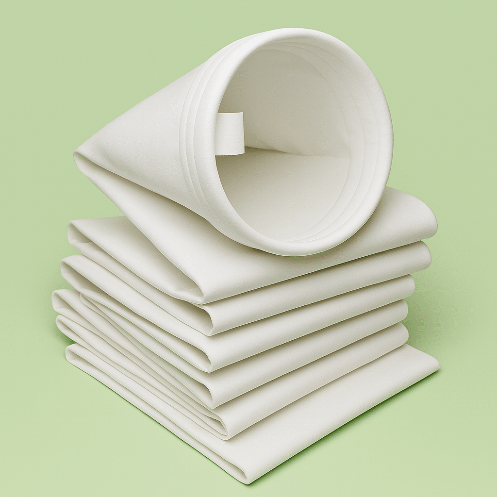 Temiz bir yüzey üzerinde düz bir şekilde duran polyester torba filtrenin yakın çekimi